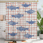 rideau douche moderne poissons bleus carreaux rouges polyester blancs 180x120cm transparent anneaux métalliques
