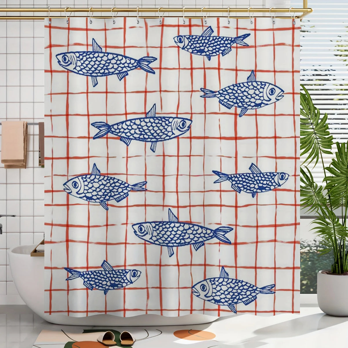 rideau douche moderne poissons bleus carreaux rouges polyester blancs 180x120cm transparent anneaux métalliques