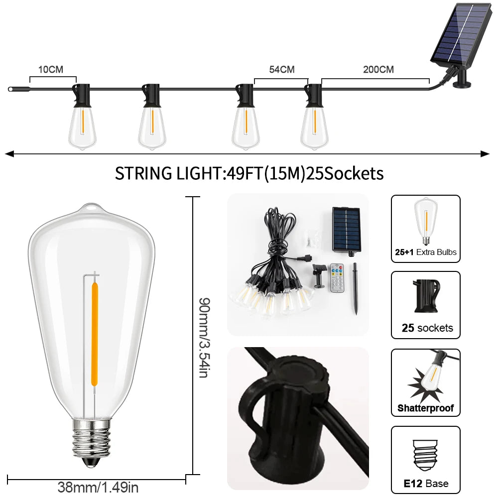 guirlande lumineuse solaire 25 ampoules blanc noir vintage moderne 15m ip66