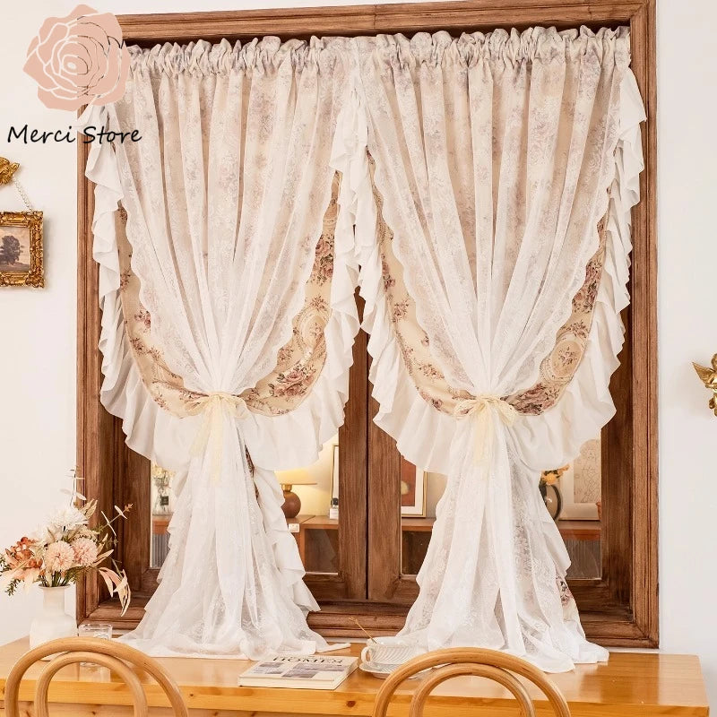 rideau double couche dentelle fleurs beige classique romantique translucide fenêtre salon chambre maison