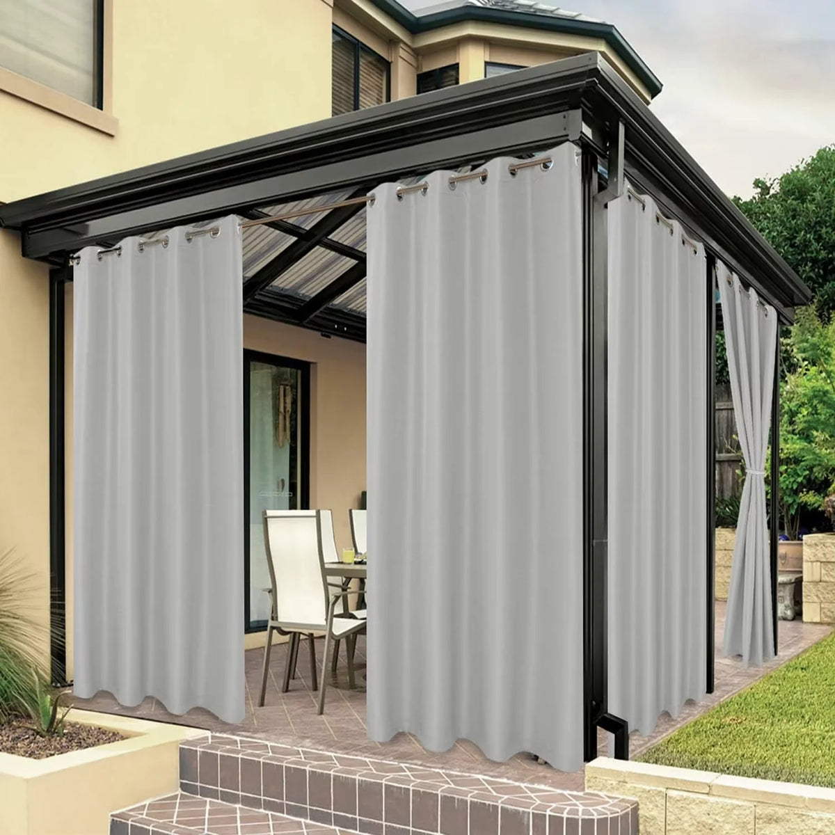 rideau extérieur water resistant beige uni moderne tringle métalliques pergola patio