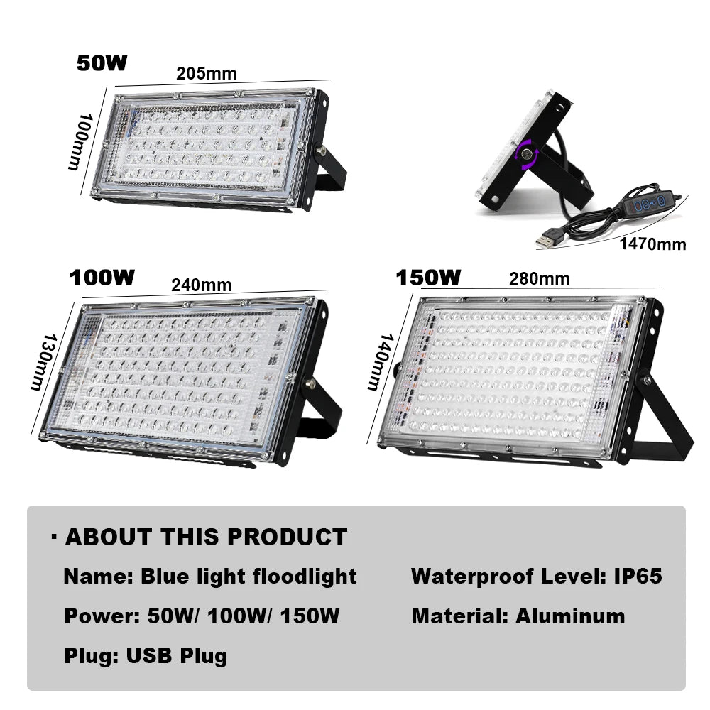 projecteur led 100w 150w bleu moderne câble usb interrupteur distance tringle ip66