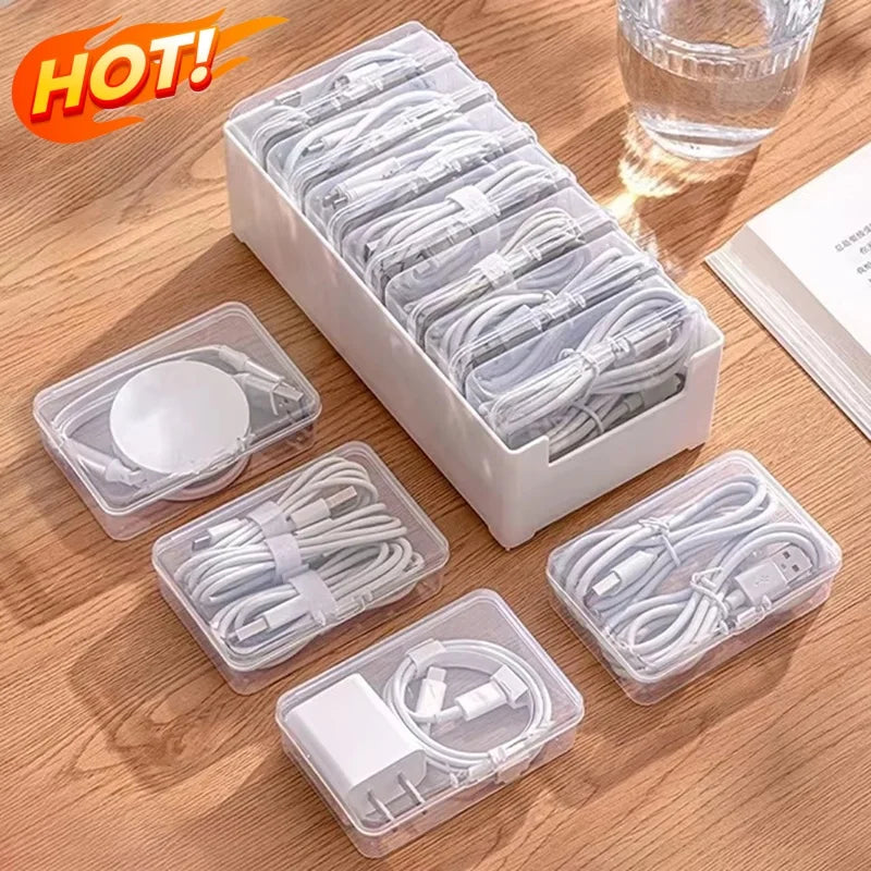 boîtes rangement transparentes blanc câbles chargeur écouteurs accessoires électroniques organisateur moderne minimaliste