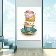 affiche deco tasse the motif floral vintage rose jaune verte toile 50x70cm
