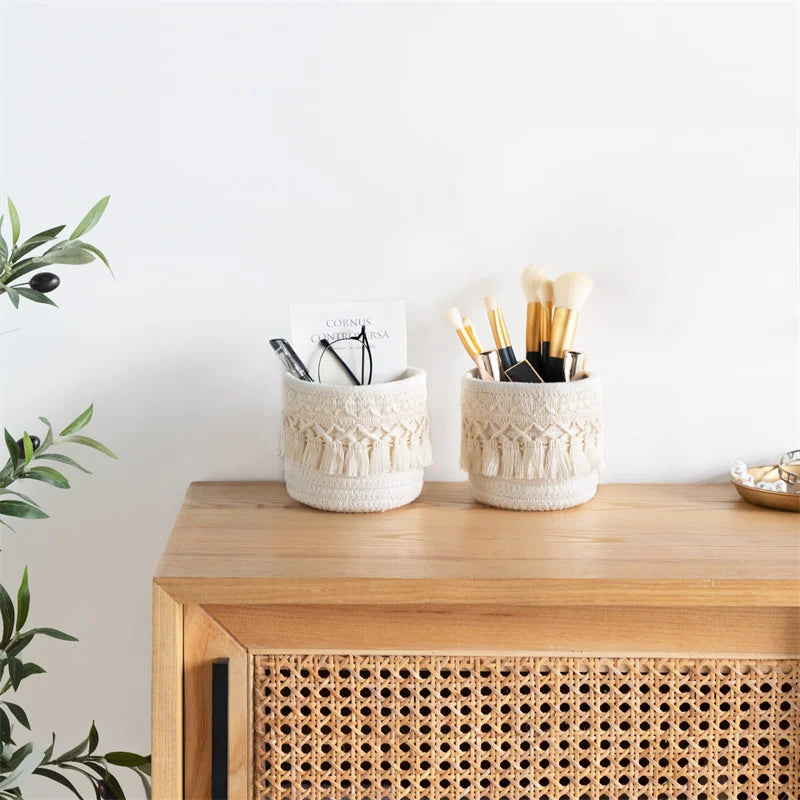paniers rangement boho macramé franges brosses pinceaux cosmétiques toile réutilisable