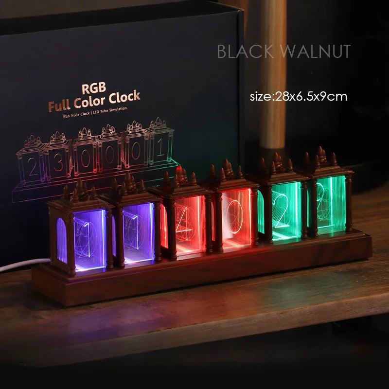 horloge led bois foncé verre translucide motifs géométriques modernes réglable luminosité affichage horaire USB