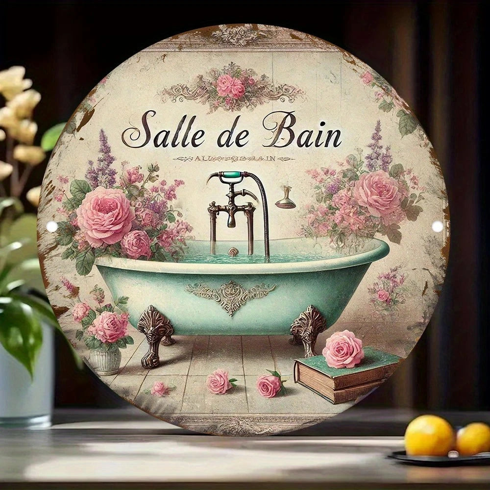 plaque décorative bois fleurs roses vintage salle bain romantique vert clair rose beige doré