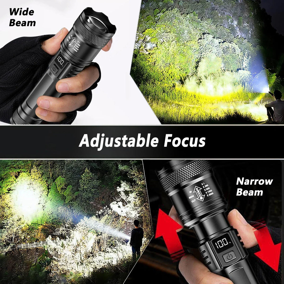 torche portable led rechargeable zoom télescopique batterie usb boîte moderne noire intense