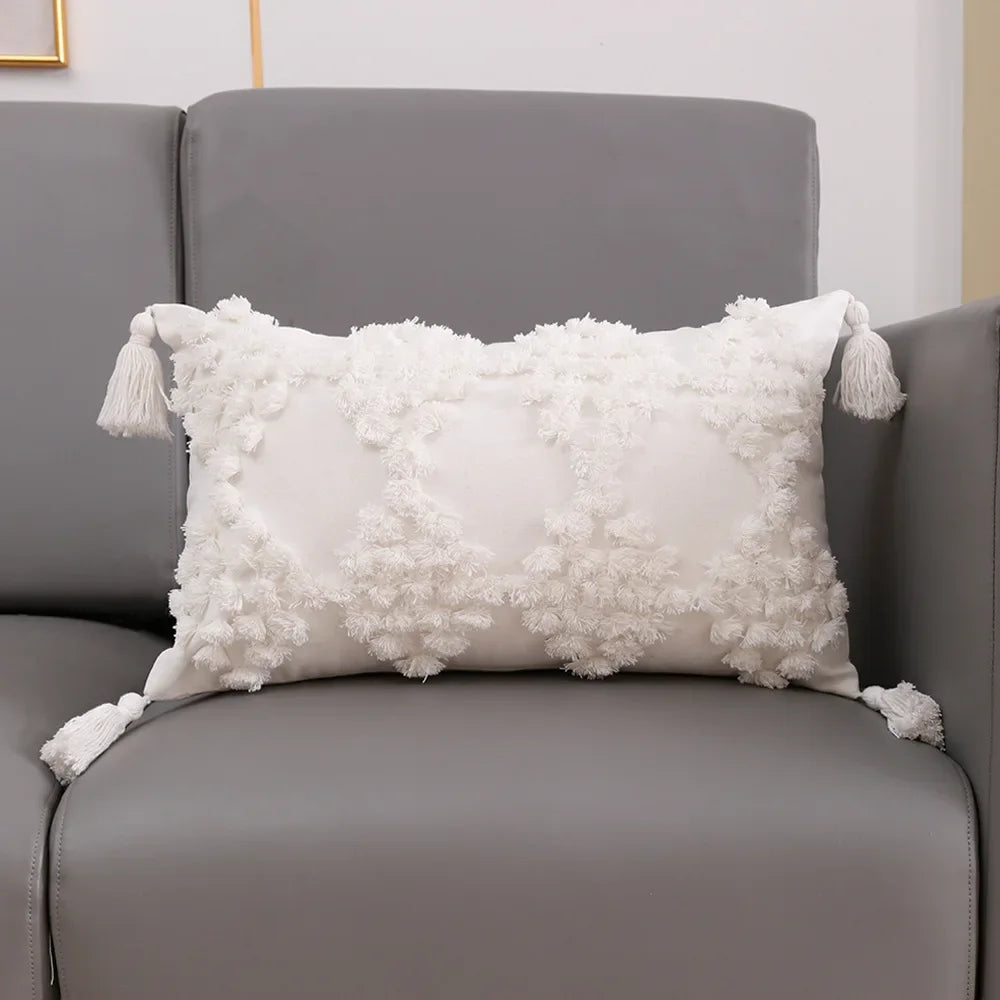 coussin carré géométrique blanc boho chic franges opaques décoration maison voiture