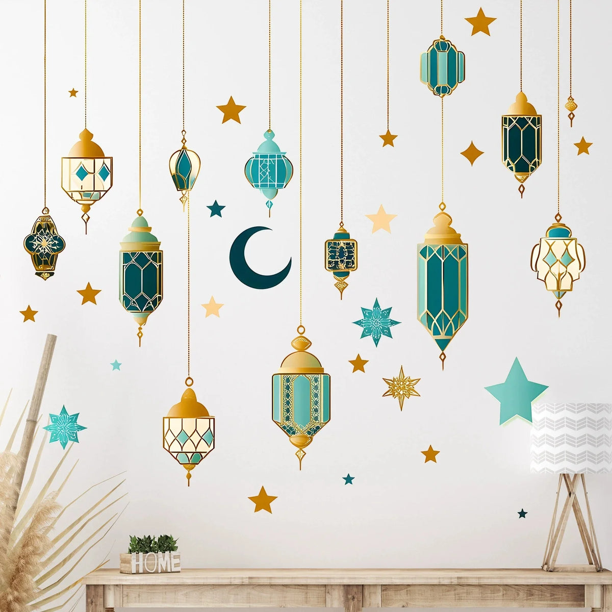 stickers muraux géométriques étoiles lune lanternes artisanal décoratif adhésif vert doré bleu noir blanc