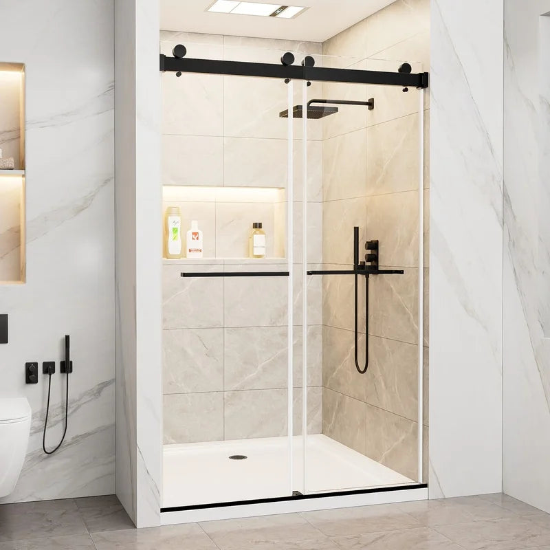 porte douche coulissante double verre transparent moderne rails noirs carreaux marbre