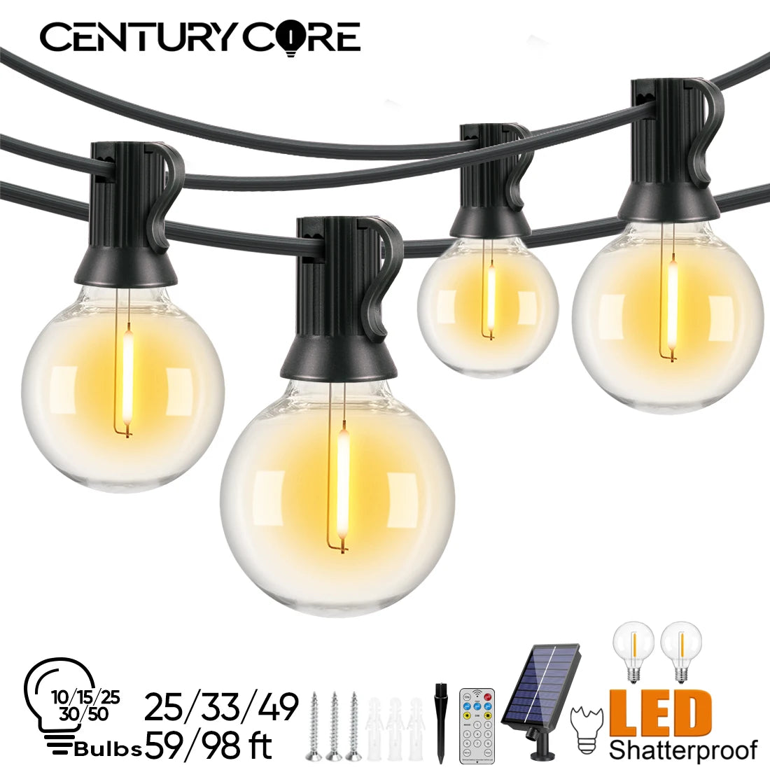 guirlande solaire lumineuse 30mètres 50ampoules led blanc transparent moderne extérieure télécommande recharge usb clips