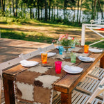 chinois table chemin patchwork cuir vache lin rustique marron blanc geometrique imprimé farmhouse deco