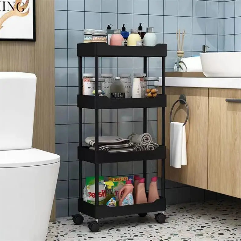chariot roulettes moderne multi niveaux noir blanc rangement salle bain miroir serviettes produits toilette