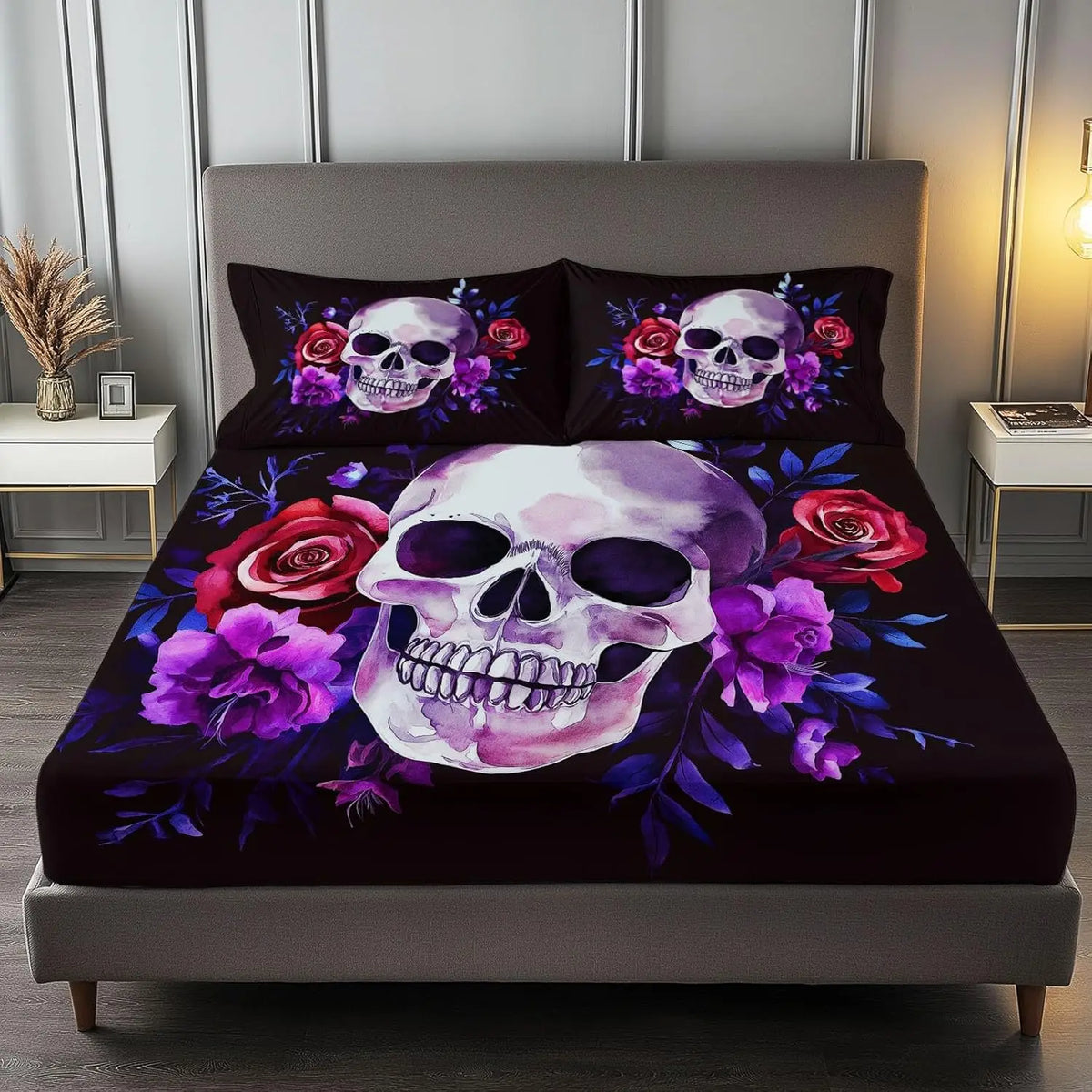 Drap-housse microfibre doux motif crâne fleuri