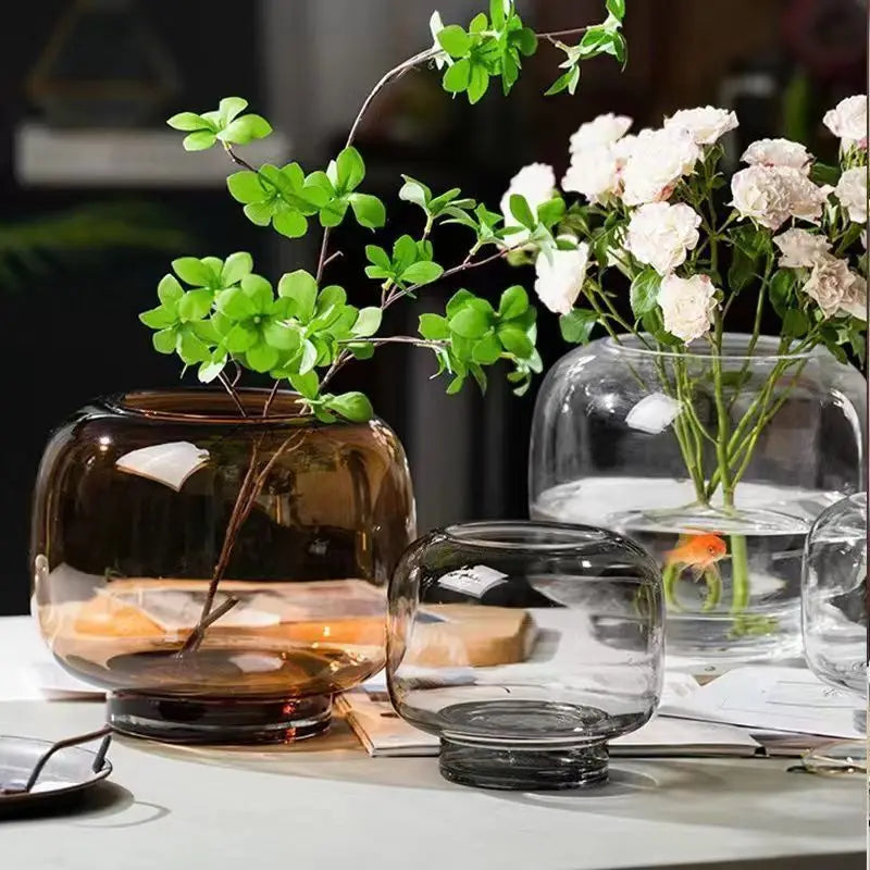 vase verre moderne transparent simple grande bouche table salon fleur hydroponie ornement double usage