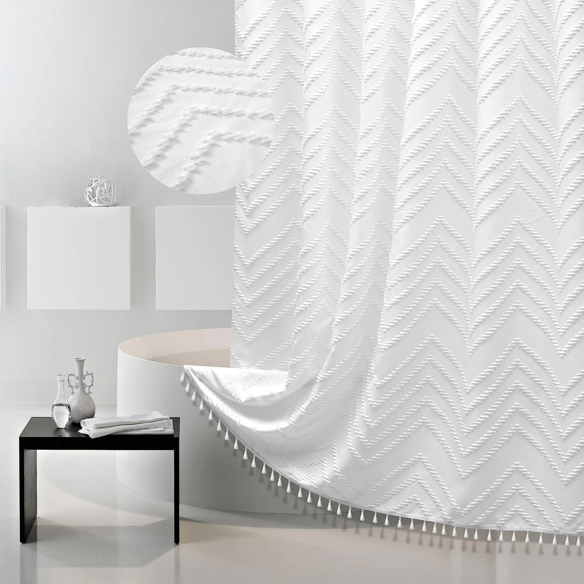 rideau douche moderne polyestère blanc beige gris foncé chevron frange tringle opacité variable respectueux