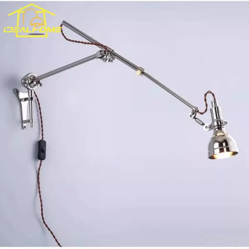 lampe murale bras articulé argenté marron industrielle vintage abat jour métallique fixée mur interrupteur