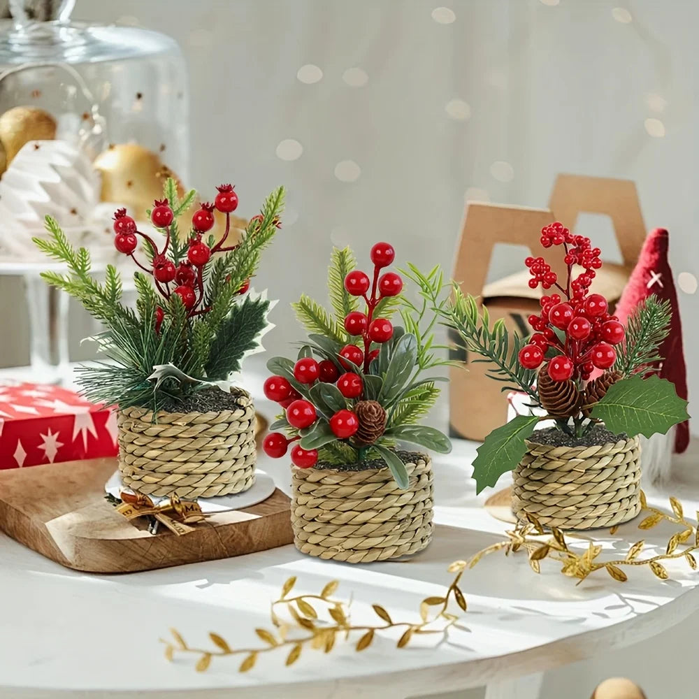 bouquet artificiel noël baies rouges cône pin feuilles vertes décoration intérieure