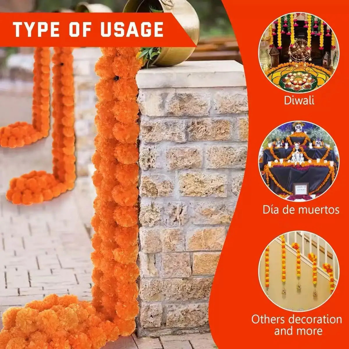 guirlande pompons orange jaune décoration intérieure maison festive halloween diwali pelucheuse ronde PVC