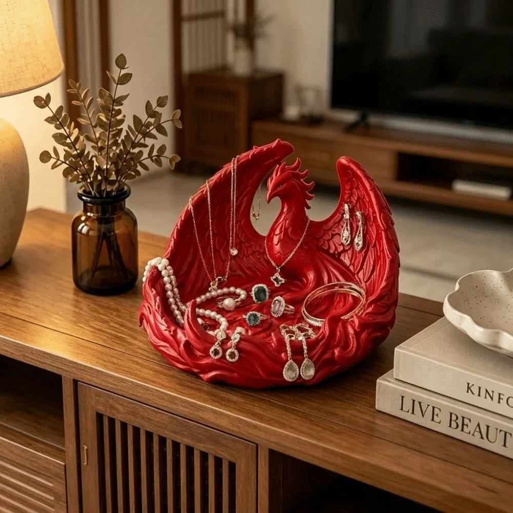 support bijoux forme phoenix rouge or noir relief plumes artisanal decoratif bracelets boucles doreilles