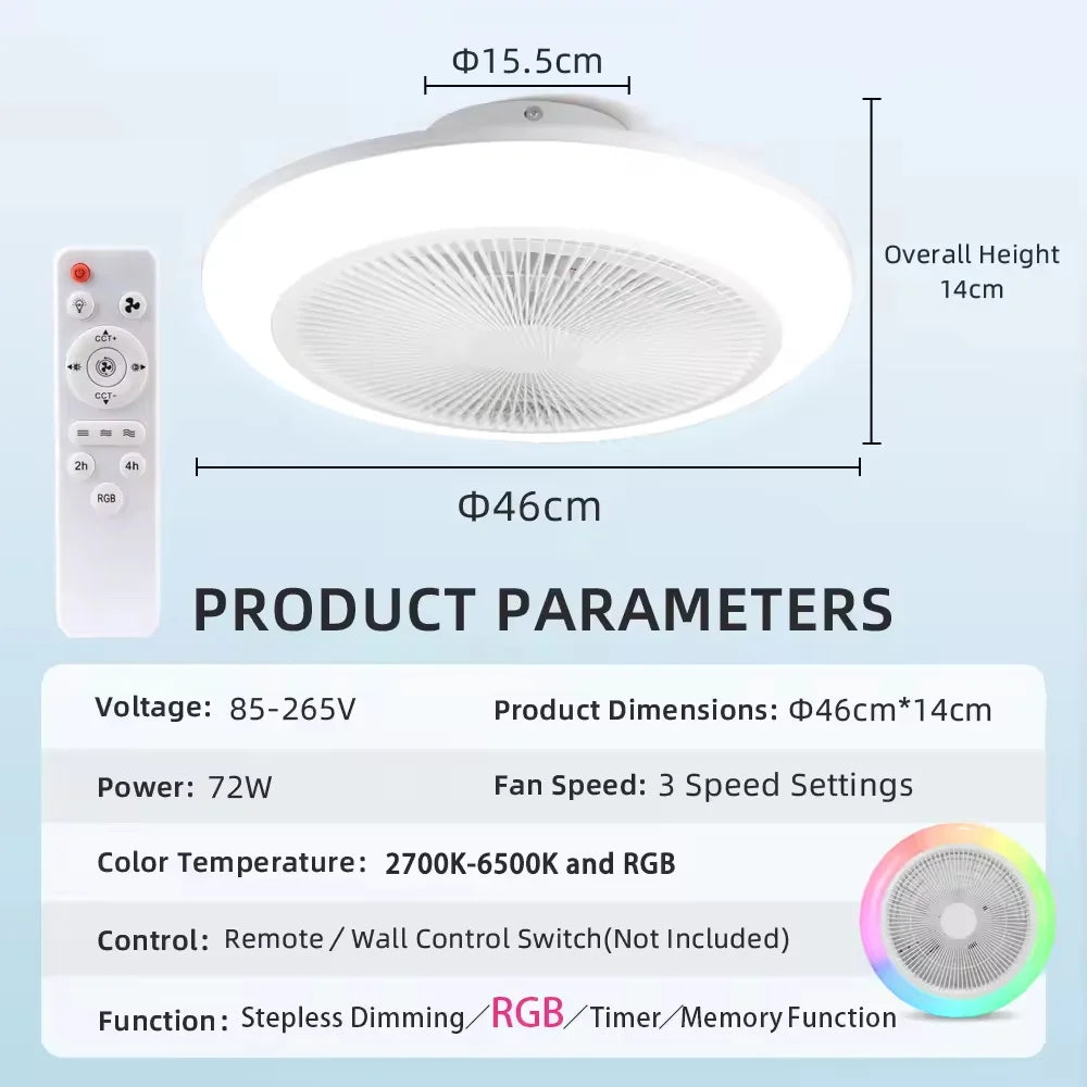 ventilateur led éclairage blanc moderne télécommande gradation couleurs timer contemporain