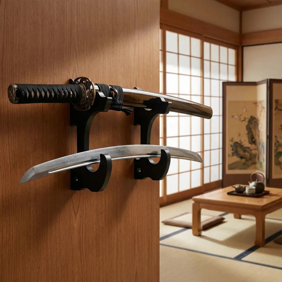 support mural japonais épées katana noir doré rayures motifs traditionnels vis decoration mur interieur