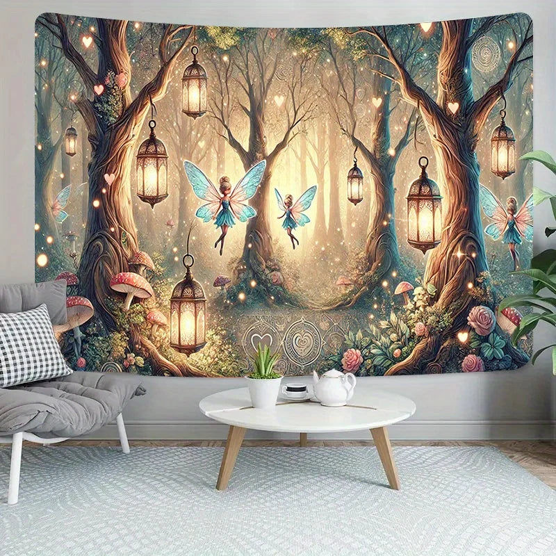 tapisserie magique forêt fées lanternes champignons roses géométriques vert bleu doré salon