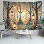 tapisserie magique forêt fées lanternes champignons roses géométriques vert bleu doré salon