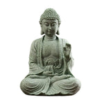 statuette bouddha assise gris vert texture pierre zen minimaliste abstraite galets mousse plateau noirscriçãopta