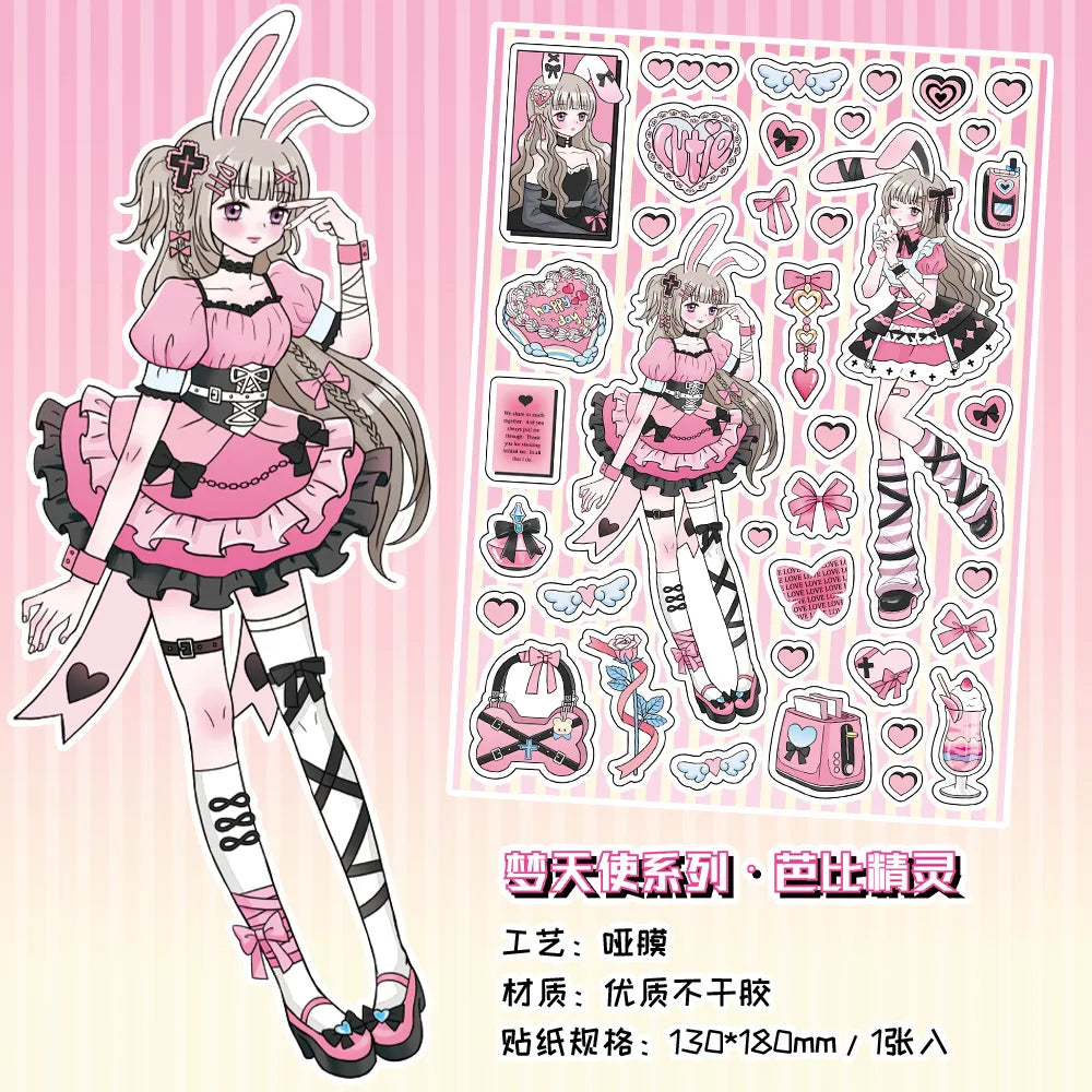 sticker kawaii fille personnages coeurs geometrique textes rose bleu violet doux