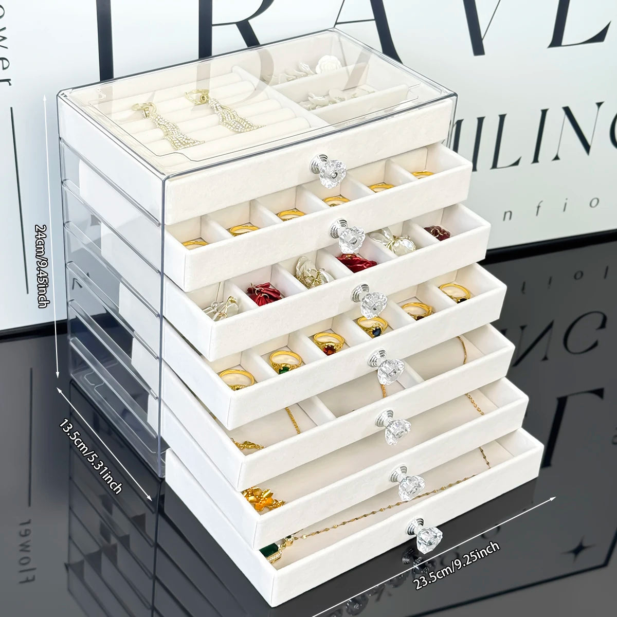 boîte rangement bijoux velours blanc moderne transparent poignées diamant boucles oreilles bracelets alliances