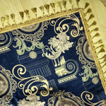 serviette classique bleu marine ornement baroque fleurs tassel doré laine coton large