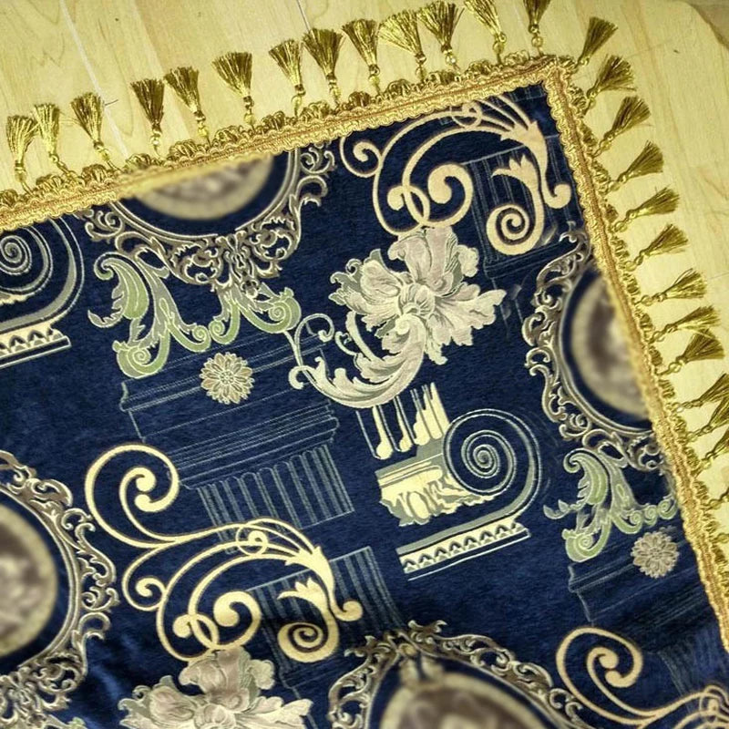 serviette classique bleu marine ornement baroque fleurs tassel doré laine coton large