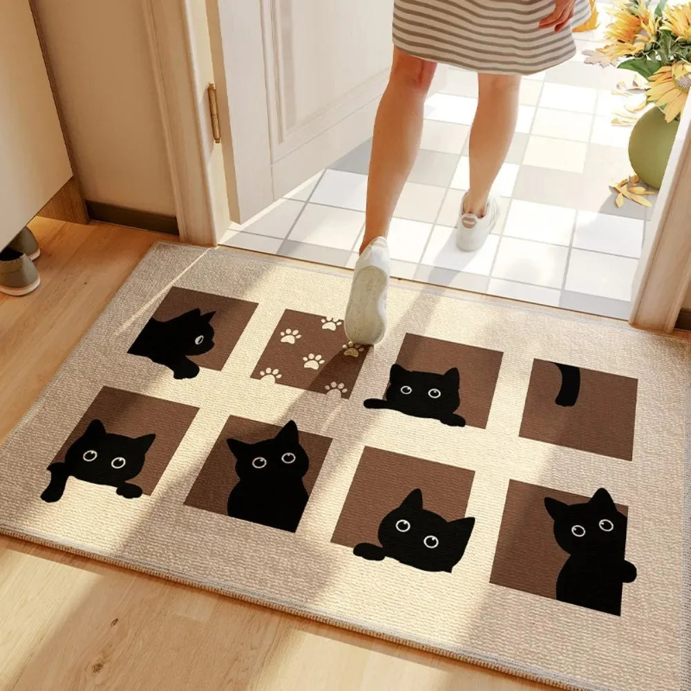tapis moderne anti dérapant chats noirs fond beige extérieur résistant rides polyester