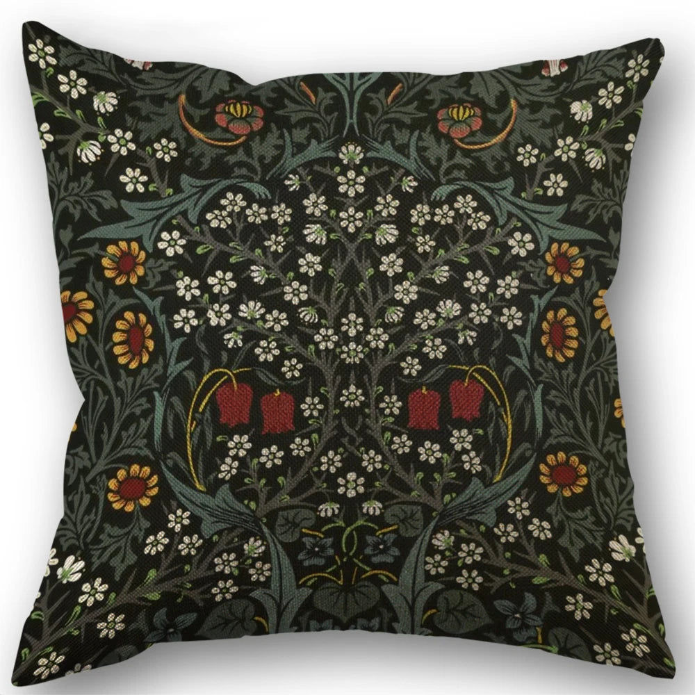 housses coussin lin motifs floraux oiseaux vintage art nouveau bleu marine vert rouge decoration