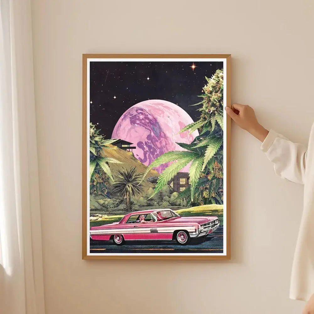affiche moderne illustration cannabis voiture vintage paysage fantastique géométrique pop art contemporain sans cadre