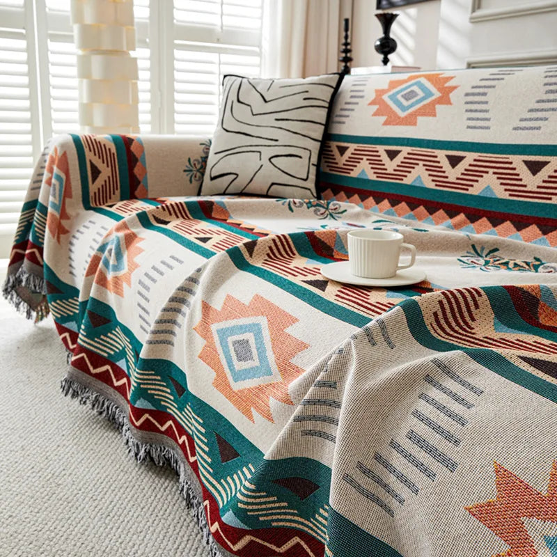 housse canapé multicolore ethnique motif géométrique opacité extérieure intérieure triangle losange fixations
