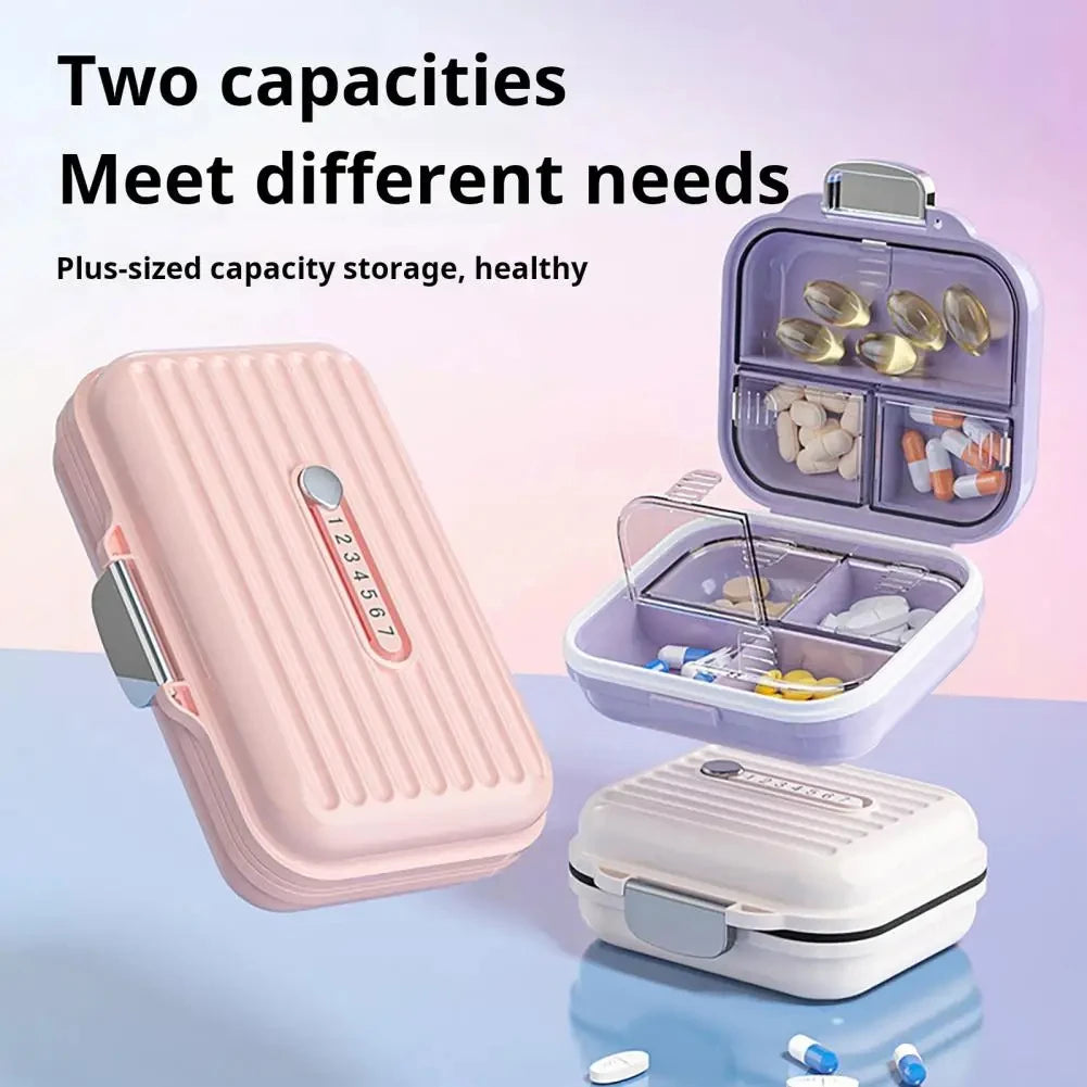 boîte pilules rose violet blanc compartiments rayures moderne pratique poignée rangement médicaments bijoux