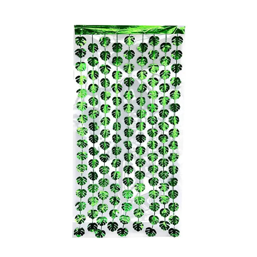 rideau decoratif tropical festif feuilles perforées vertes argentées semi transparent occasion anniversaire enfants decoration