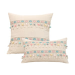 coussins patchwork boho chic beige motifs fleurs pompons opaques décoration salon voiture