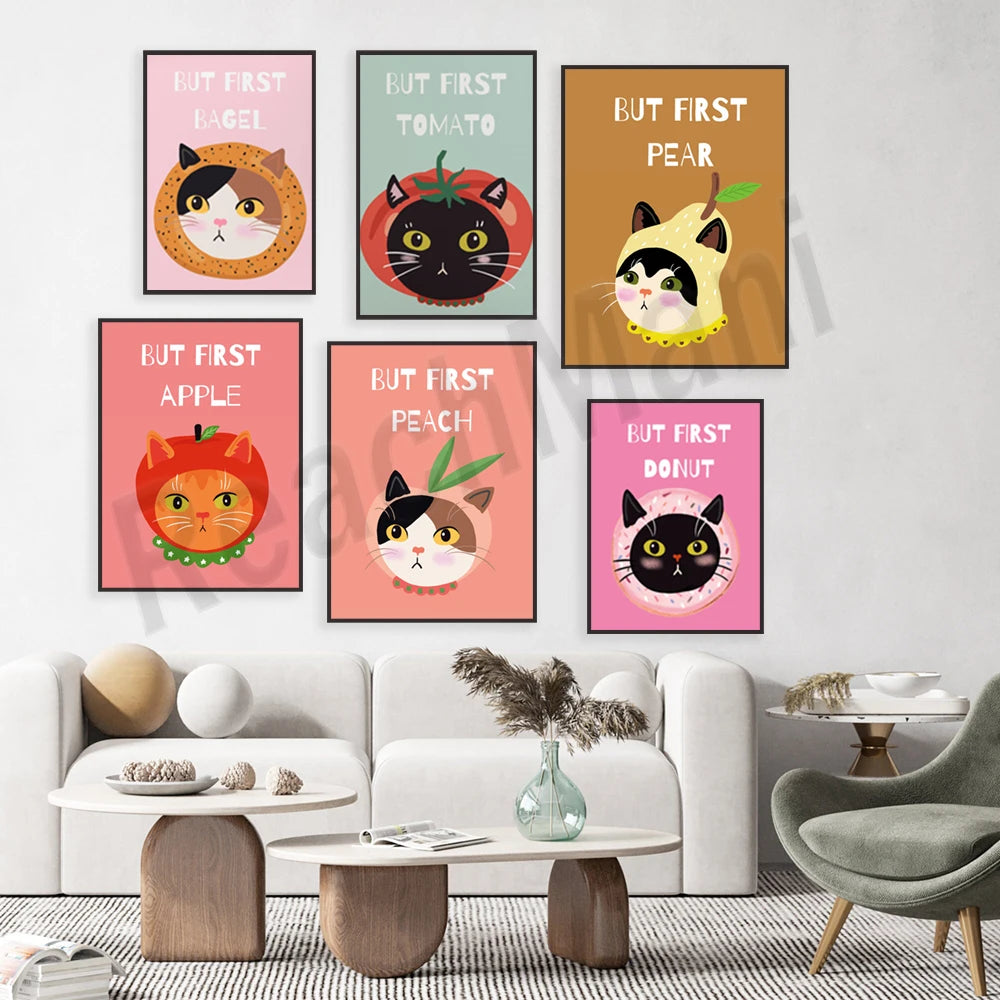 Cette image affiche une série d'affiches illustrées mettant en scène des chats avec différents fruits et aliments, avec l'inscription "But first" en haut de chaque affiche. L'affichage de ces illustrations humoristiques et colorées peut égayer et décorer un espace de vie.