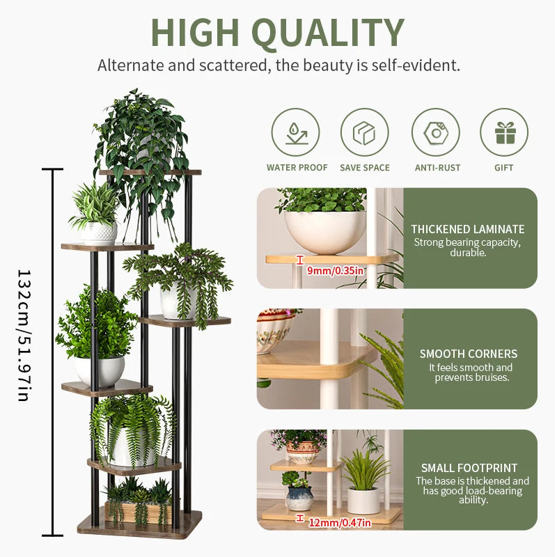 étagère plantes bois brun moderne niveaux pots blancs métal noir