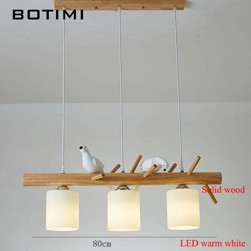 lampe suspendue moderne oiseaux blancs texture bois naturel chambre salon lumière chaînes blanches abat