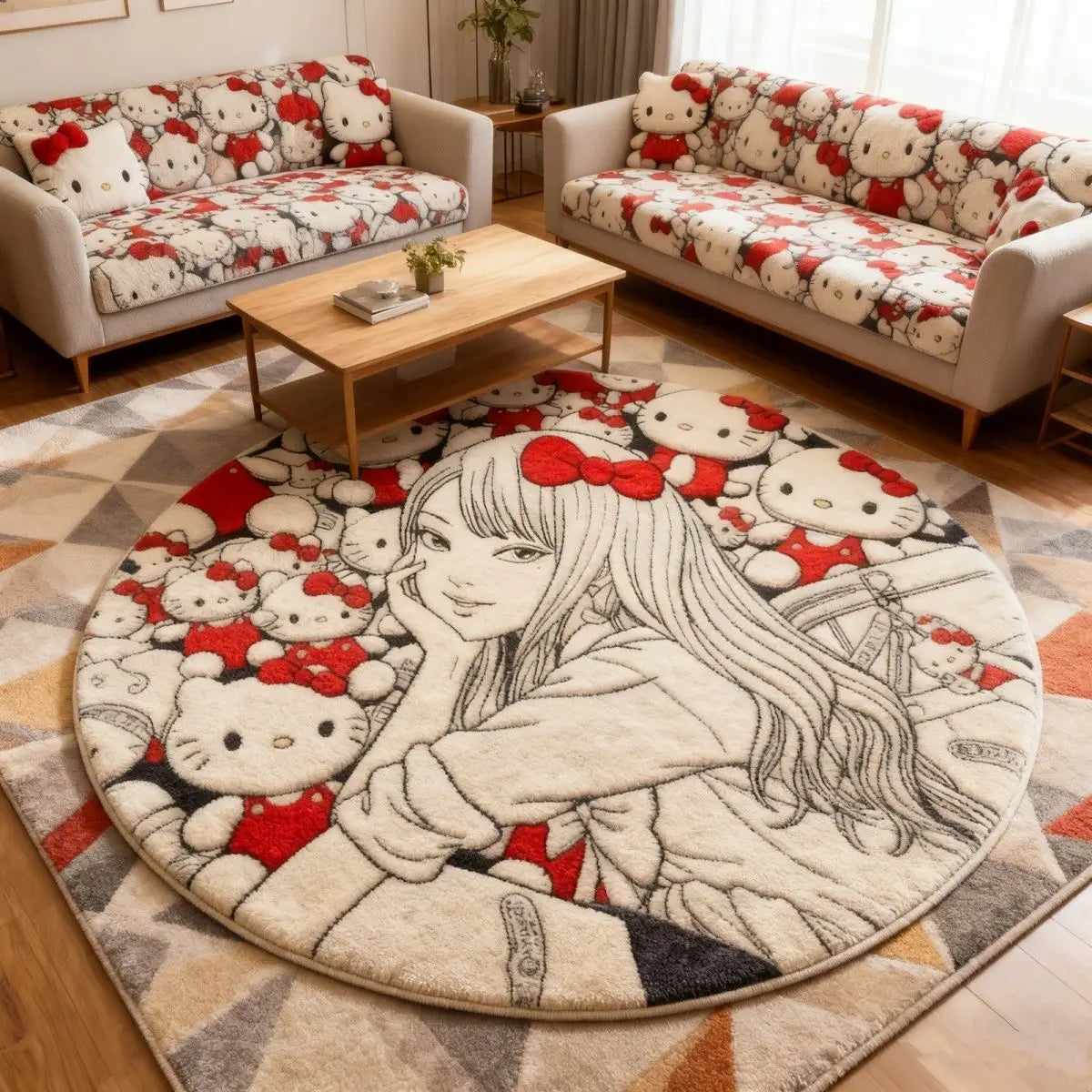 tapis rond motif hello kitty rouge blanc velours meuble decor kawaii moderne chambre adolescente