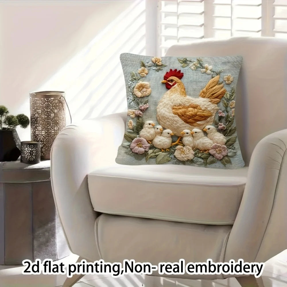 housse coussin carré motif coq poussins fleurs bleu polyester traditionnelle décoration maison canapé lit