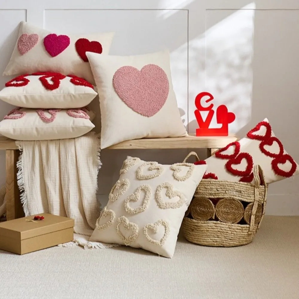 taies d'oreiller coeurs relief blancs lit polyester coton brodés opaques décoration romantique fixations coussins
