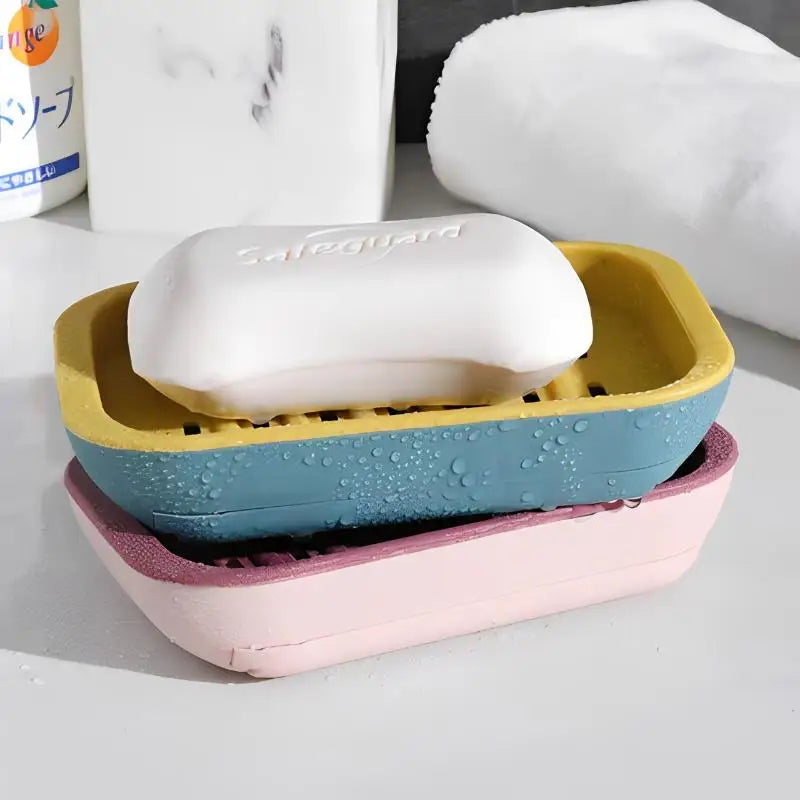 support savon moderne bleu jaune velcro drainage plateau rangement rose gris texture granulée