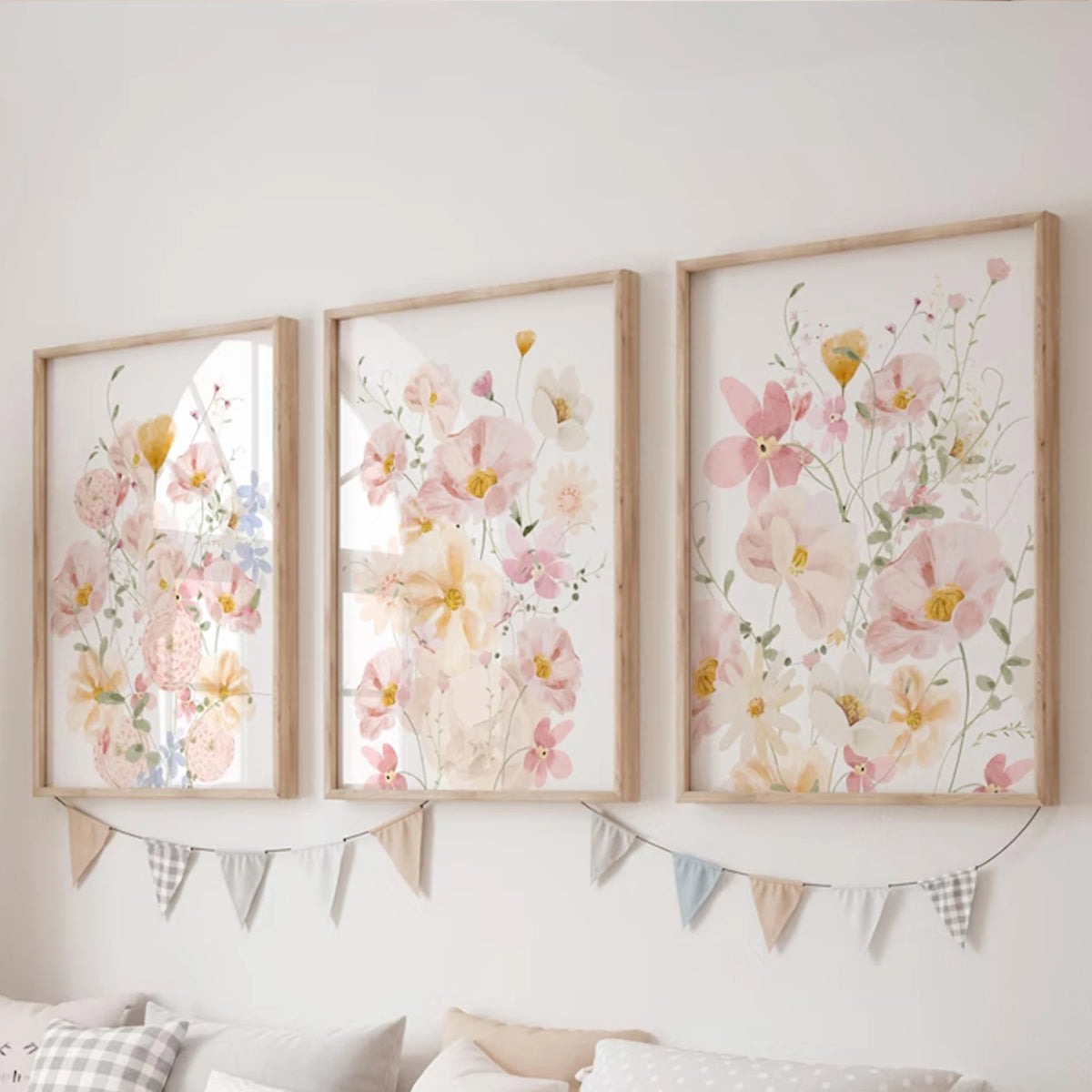 affiches murales modernes floral rose blanc feuilles dégradé cadre bois chambre salon