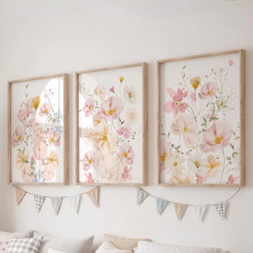 affiches murales modernes floral rose blanc feuilles dégradé cadre bois chambre salon
